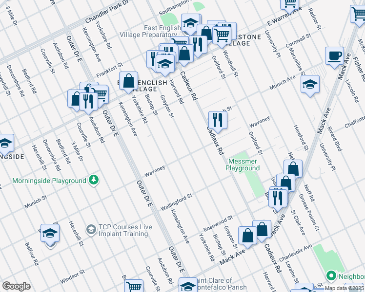 map of restaurants, bars, coffee shops, grocery stores, and more near 4343 Grayton Street in Detroit