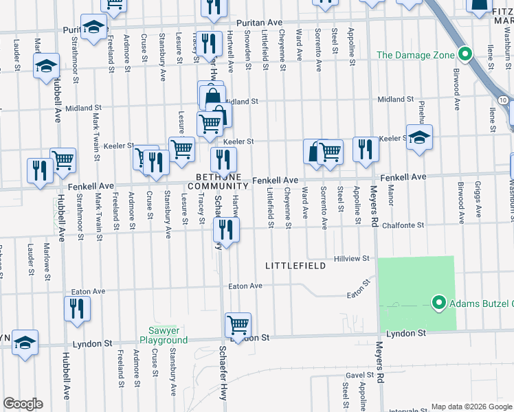map of restaurants, bars, coffee shops, grocery stores, and more near 15064 Snowden Street in Detroit