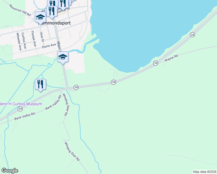 map of restaurants, bars, coffee shops, grocery stores, and more near 8539 Highway 54 in Hammondsport