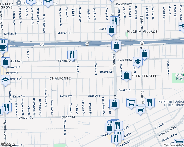 map of restaurants, bars, coffee shops, grocery stores, and more near 7300 Chalfonte Street in Detroit