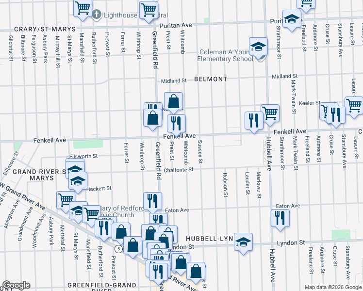 map of restaurants, bars, coffee shops, grocery stores, and more near 15074 Whitcomb in Detroit