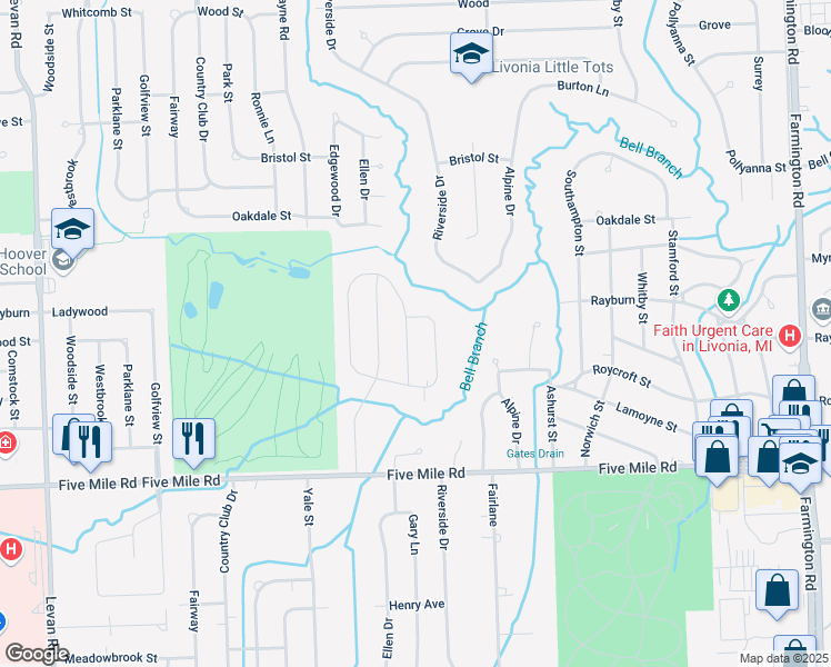 map of restaurants, bars, coffee shops, grocery stores, and more near 15701 Riverside Street in Livonia