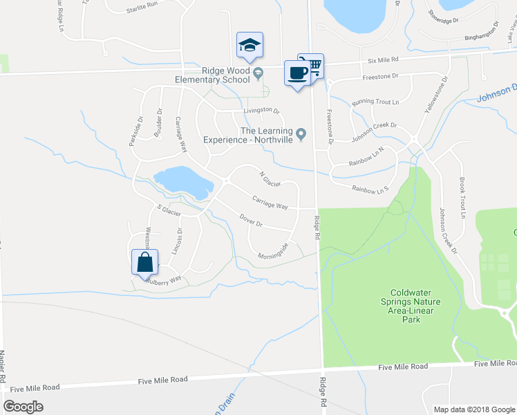 map of restaurants, bars, coffee shops, grocery stores, and more near 16843 Dover Drive in Northville