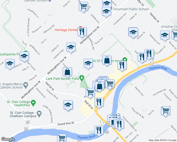 map of restaurants, bars, coffee shops, grocery stores, and more near 255 Lark Street in Chatham-Kent