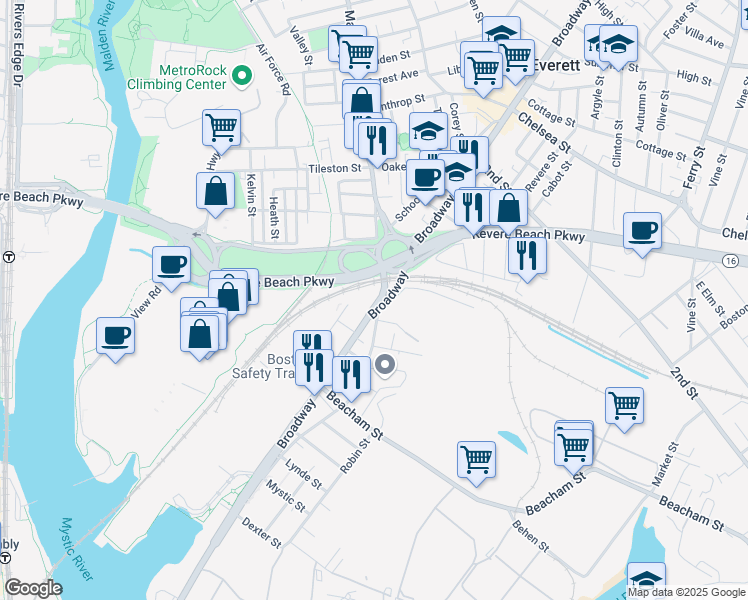 map of restaurants, bars, coffee shops, grocery stores, and more near 207 Bow Street in Everett