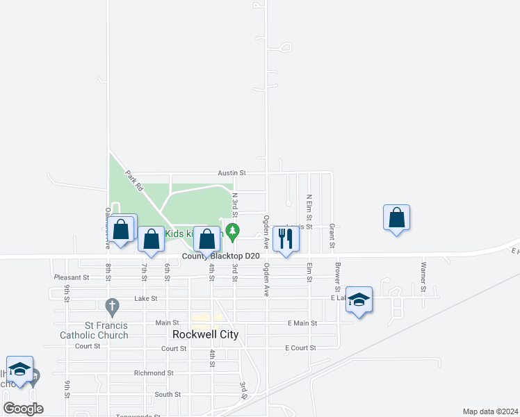 map of restaurants, bars, coffee shops, grocery stores, and more near 204 North 1st Street in Rockwell City