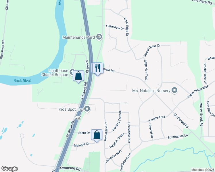 map of restaurants, bars, coffee shops, grocery stores, and more near 5611 Country Court in Roscoe
