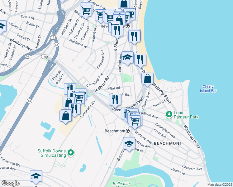 map of restaurants, bars, coffee shops, grocery stores, and more near 57 Standish Road in Revere