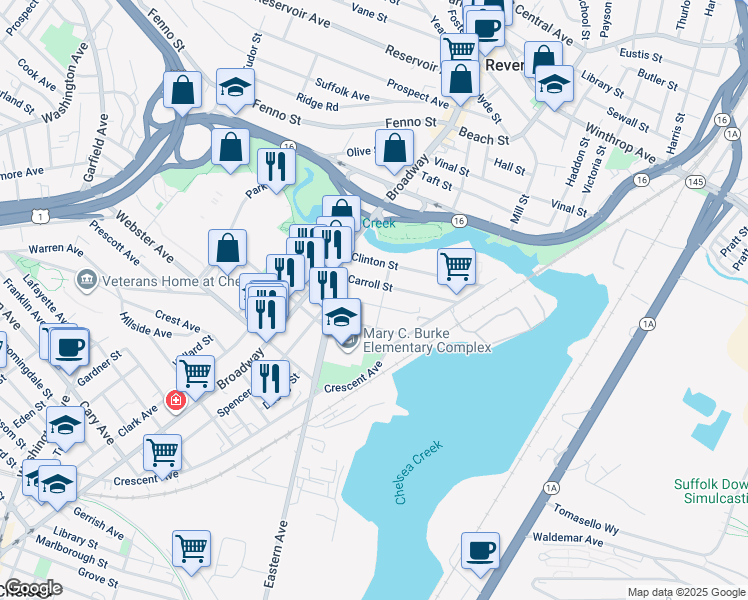 map of restaurants, bars, coffee shops, grocery stores, and more near 31 Hooper Street in Chelsea