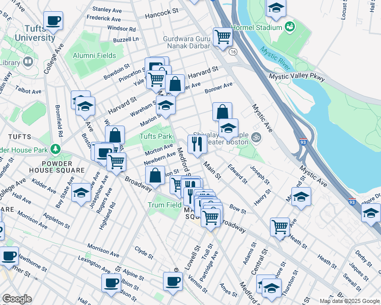 map of restaurants, bars, coffee shops, grocery stores, and more near 509 Main Street in Medford