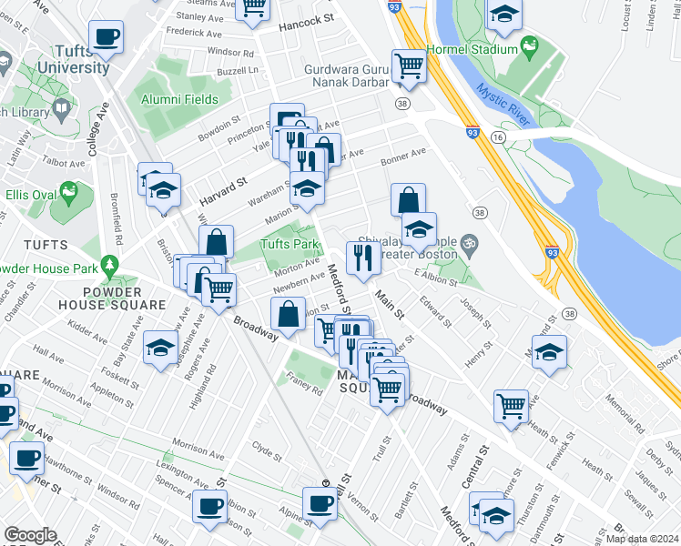 map of restaurants, bars, coffee shops, grocery stores, and more near 1 Clayton Avenue in Medford