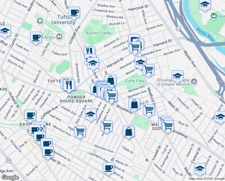 map of restaurants, bars, coffee shops, grocery stores, and more near 642 Boston Avenue in Medford