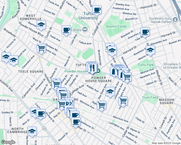 map of restaurants, bars, coffee shops, grocery stores, and more near 126 College Avenue in Somerville