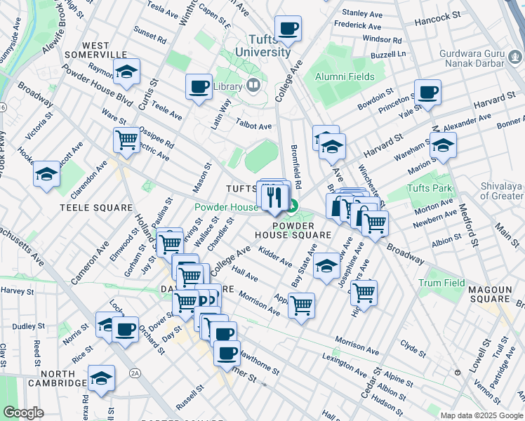 map of restaurants, bars, coffee shops, grocery stores, and more near 126 College Avenue in Somerville