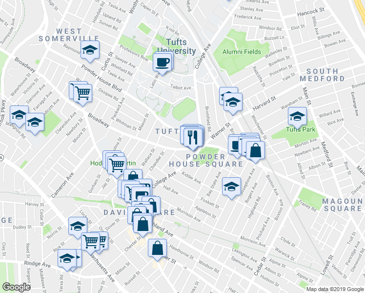 map of restaurants, bars, coffee shops, grocery stores, and more near 126 College Avenue in Somerville