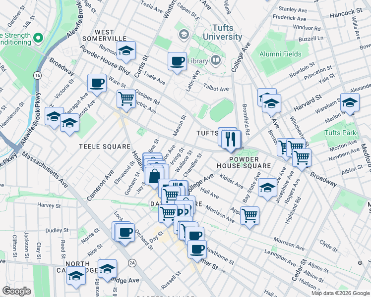 map of restaurants, bars, coffee shops, grocery stores, and more near 95 Wallace Street in Somerville