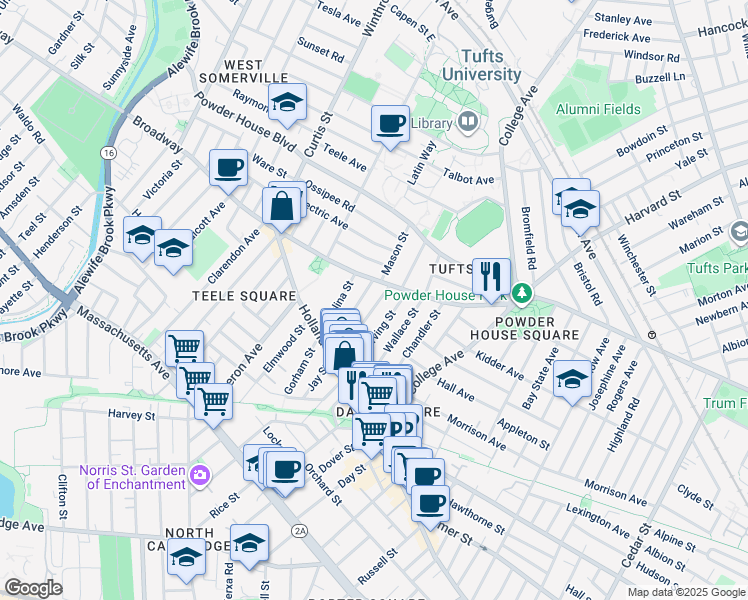 map of restaurants, bars, coffee shops, grocery stores, and more near 66 Irving Street in Somerville
