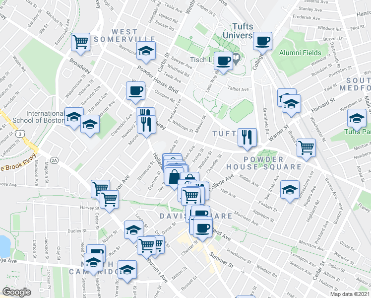 map of restaurants, bars, coffee shops, grocery stores, and more near 66 Irving Street in Somerville