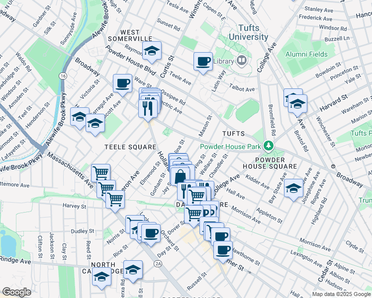 map of restaurants, bars, coffee shops, grocery stores, and more near 41 Corinthian Road in Somerville