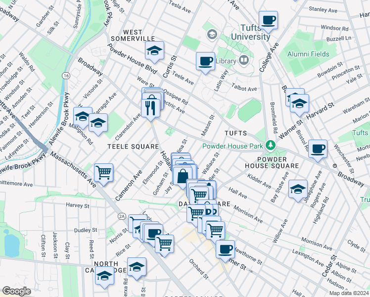 map of restaurants, bars, coffee shops, grocery stores, and more near 41 Corinthian Road in Somerville