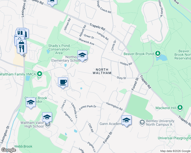 map of restaurants, bars, coffee shops, grocery stores, and more near 60 Raffaele Drive in Waltham