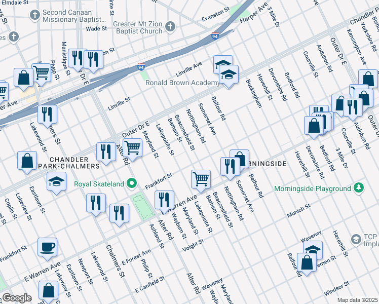map of restaurants, bars, coffee shops, grocery stores, and more near 5211 Beaconsfield Street in Detroit