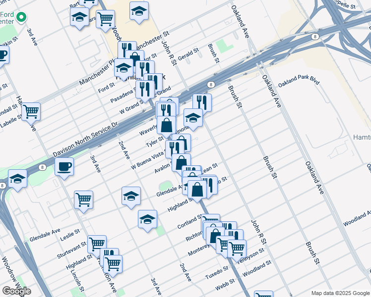 map of restaurants, bars, coffee shops, grocery stores, and more near 25 Farrand Park in Highland Park
