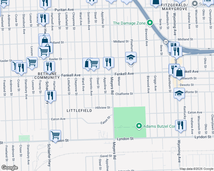 map of restaurants, bars, coffee shops, grocery stores, and more near 15033 Appoline Street in Detroit