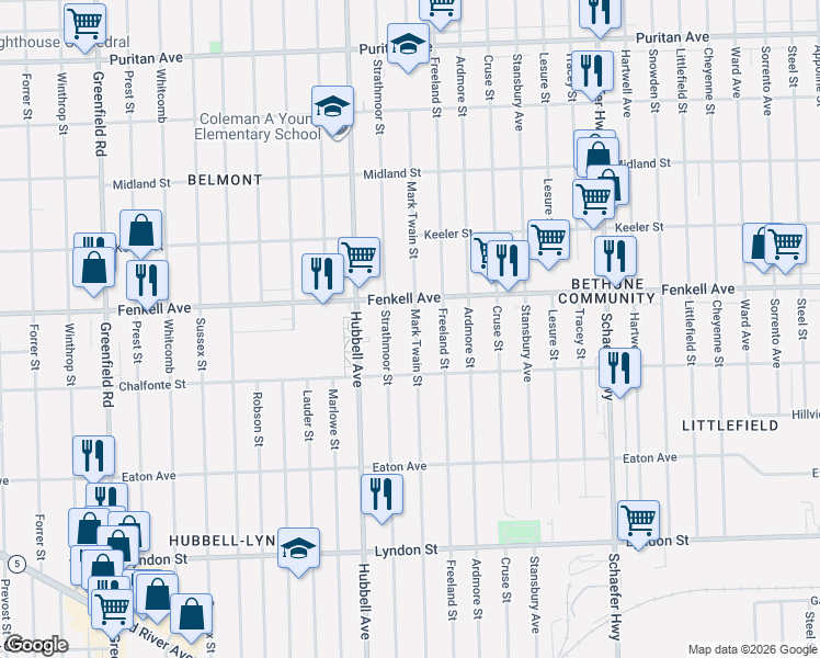 map of restaurants, bars, coffee shops, grocery stores, and more near 15055 Mark Twain Street in Detroit