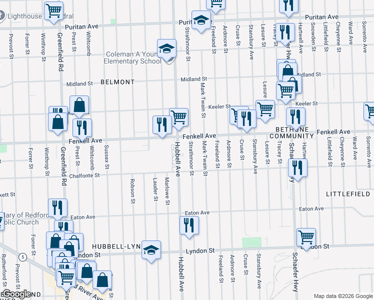 map of restaurants, bars, coffee shops, grocery stores, and more near 15050 Hubbell Avenue in Detroit