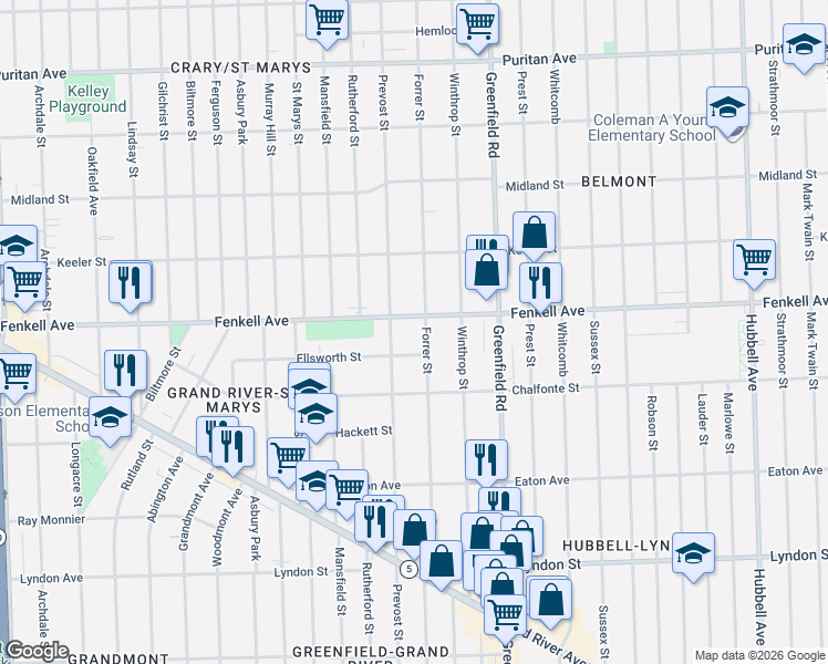map of restaurants, bars, coffee shops, grocery stores, and more near 15209 Forrer Street in Detroit
