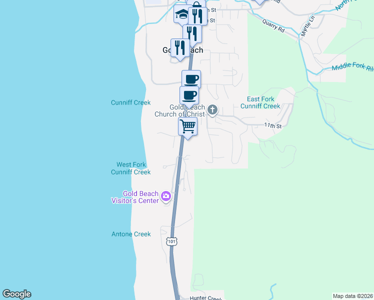map of restaurants, bars, coffee shops, grocery stores, and more near 29205 Kerber Drive in Gold Beach