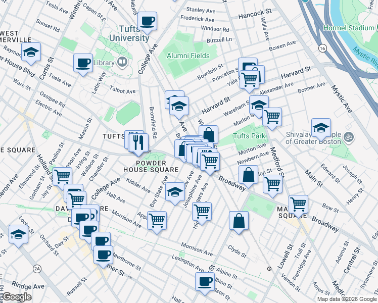 map of restaurants, bars, coffee shops, grocery stores, and more near in Somerville