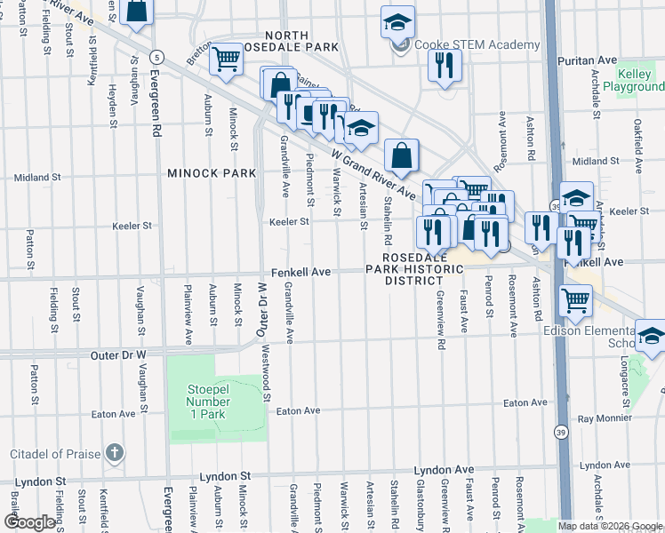 map of restaurants, bars, coffee shops, grocery stores, and more near 15151 Warwick Street in Detroit