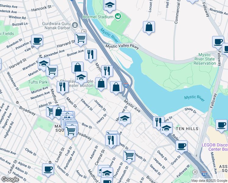map of restaurants, bars, coffee shops, grocery stores, and more near 407R Mystic Avenue in Medford