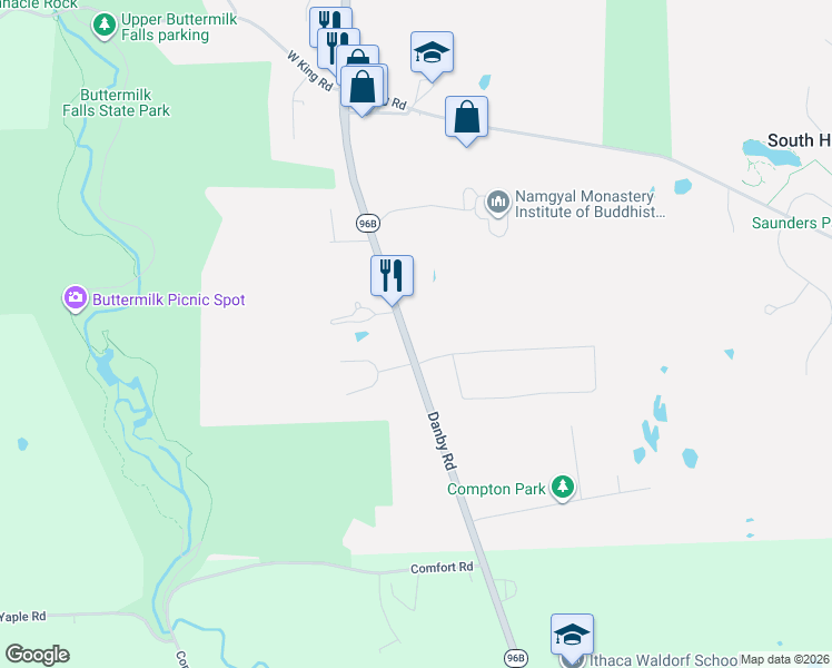 map of restaurants, bars, coffee shops, grocery stores, and more near 2 Schickle Rd in Ithaca