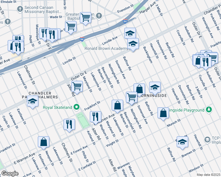 map of restaurants, bars, coffee shops, grocery stores, and more near 5211 Beaconsfield Street in Detroit