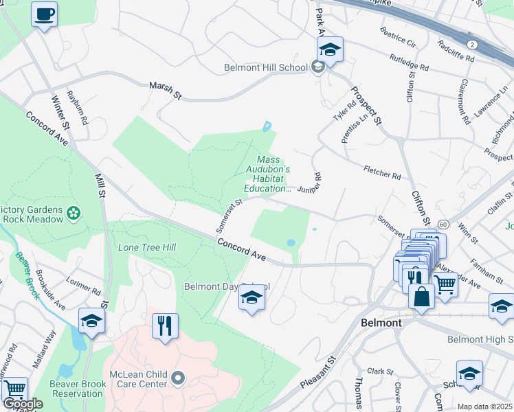 map of restaurants, bars, coffee shops, grocery stores, and more near 240 Somerset Street in Belmont