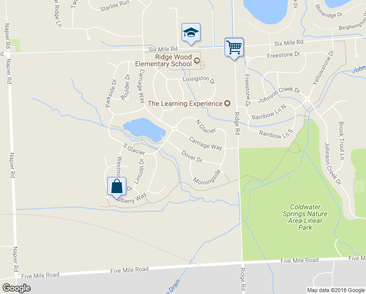 map of restaurants, bars, coffee shops, grocery stores, and more near 16781 Carriage Way in Northville