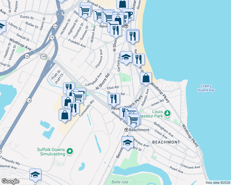 map of restaurants, bars, coffee shops, grocery stores, and more near 57 Standish Road in Revere