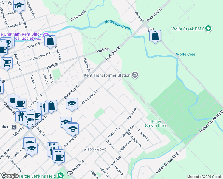 map of restaurants, bars, coffee shops, grocery stores, and more near 119 Park Lane in Chatham
