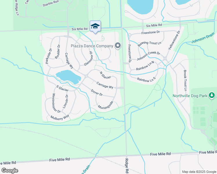 map of restaurants, bars, coffee shops, grocery stores, and more near 16046 Morningside in Northville