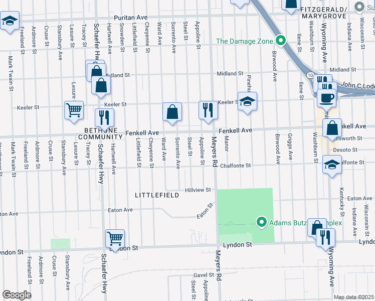 map of restaurants, bars, coffee shops, grocery stores, and more near 15069 Steel Street in Detroit