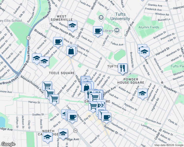 map of restaurants, bars, coffee shops, grocery stores, and more near 66 Irving Street in Somerville