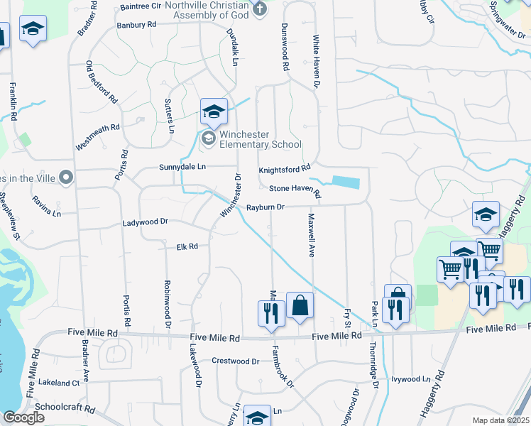 map of restaurants, bars, coffee shops, grocery stores, and more near 15925 Marilyn Avenue in Plymouth
