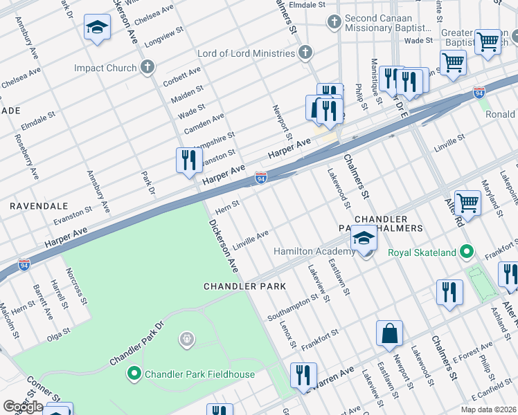 map of restaurants, bars, coffee shops, grocery stores, and more near 5981 Coplin Street in Detroit