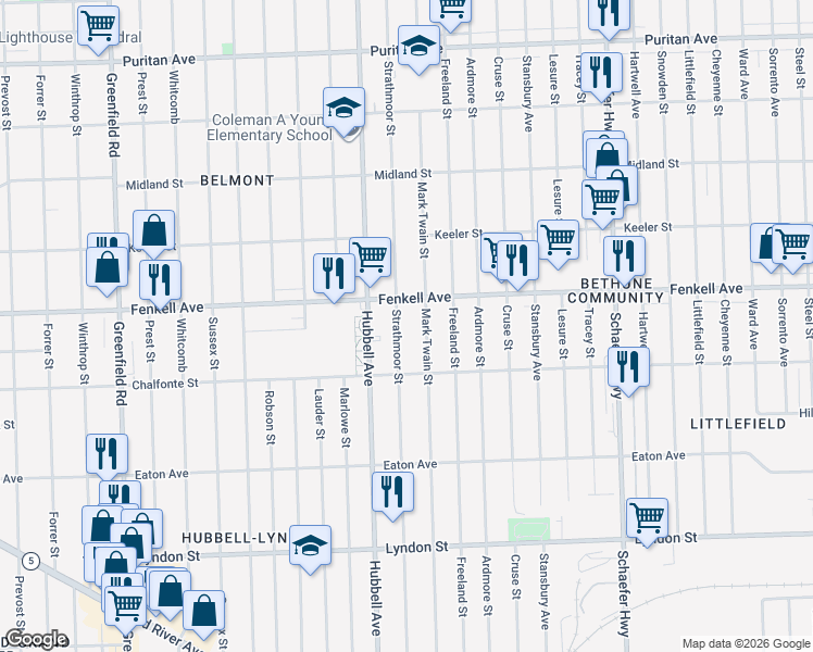 map of restaurants, bars, coffee shops, grocery stores, and more near 15055 Mark Twain Street in Detroit