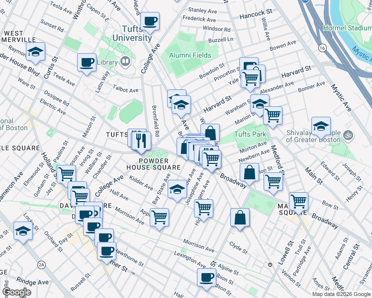 map of restaurants, bars, coffee shops, grocery stores, and more near 739 Broadway in Somerville