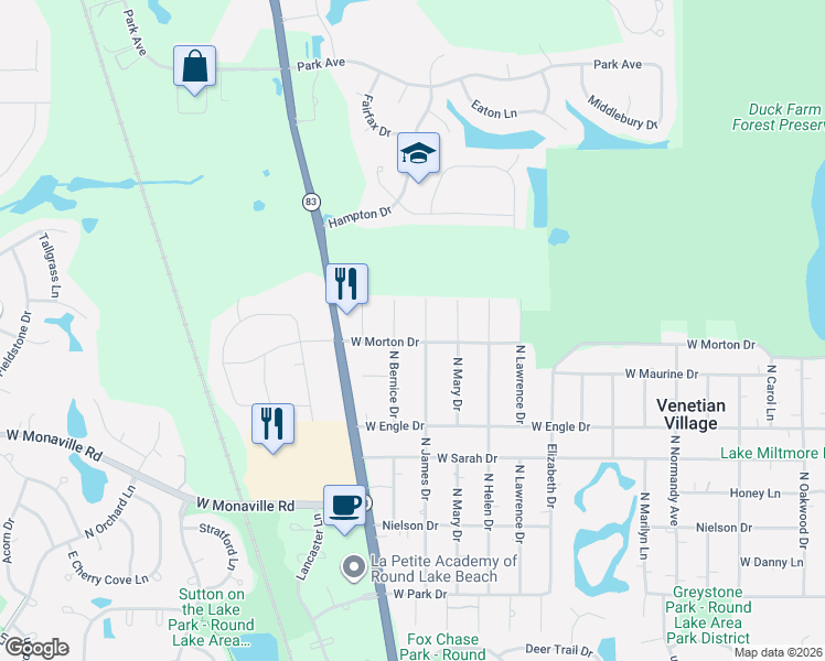 map of restaurants, bars, coffee shops, grocery stores, and more near 36978 North James Drive in Lake Villa