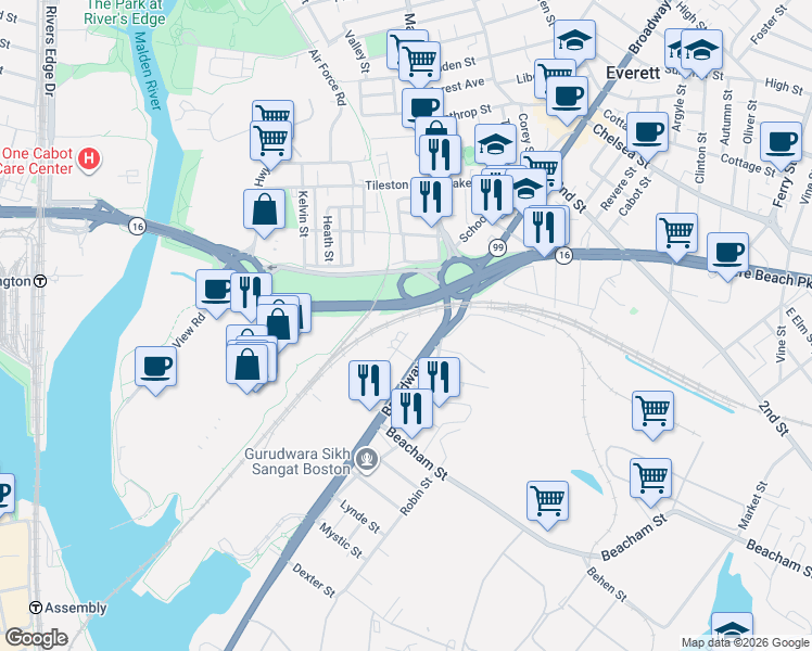 map of restaurants, bars, coffee shops, grocery stores, and more near 43 Charlton Street in Everett